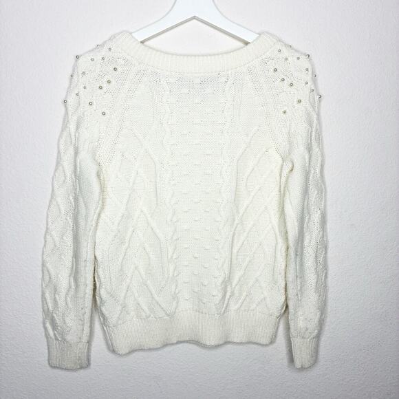 White House Black Market Cream Cable Knit Pearl Embellished Sweater XS - Picture 7 of 10
